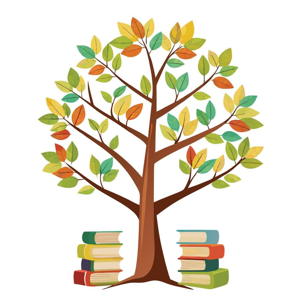 Unique tree illustration with stylized book leaves symbolizing the world of literature and the joy of reading vector