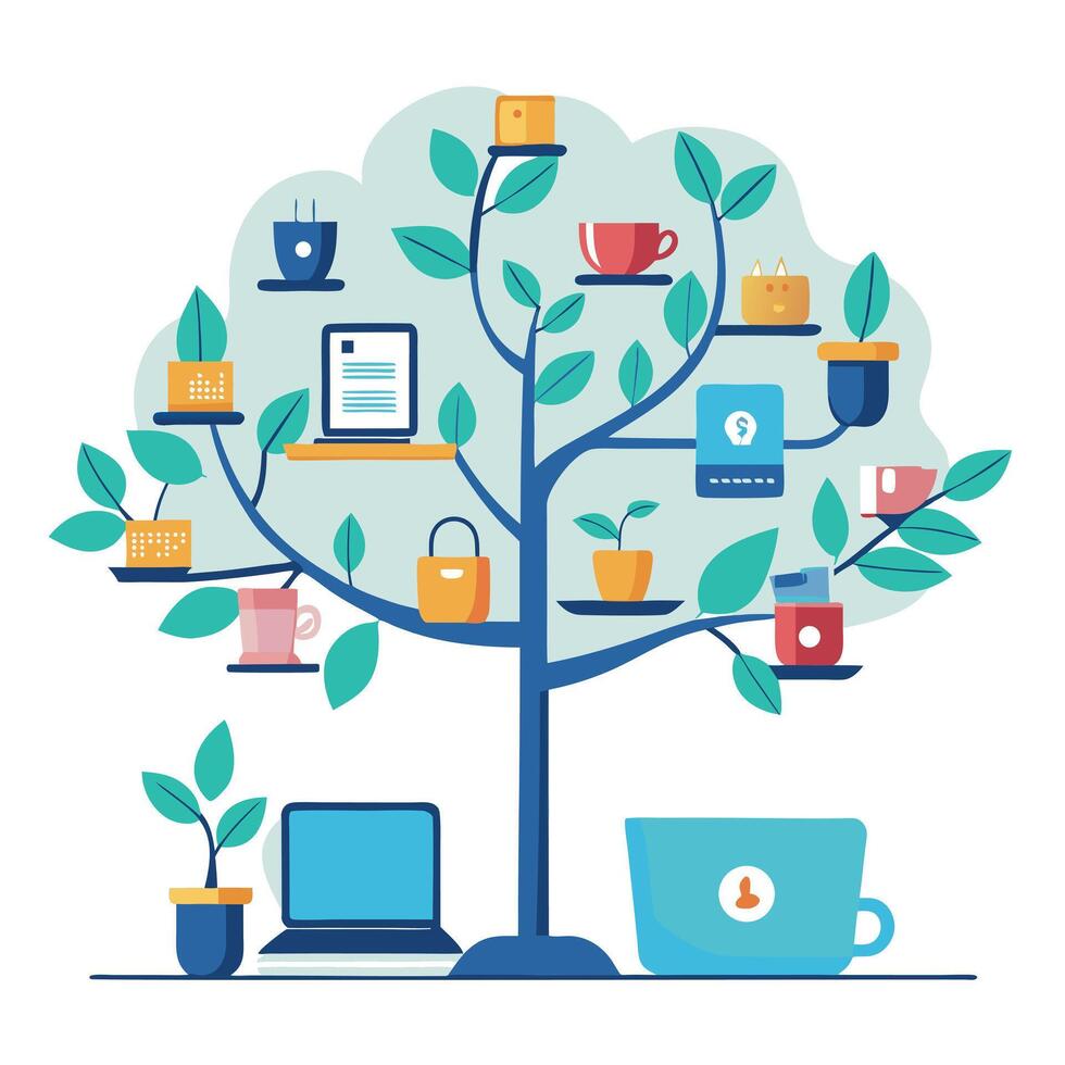 Professional tree illustration with stylized leaves showcasing miniature business office elements like desks and laptops vector