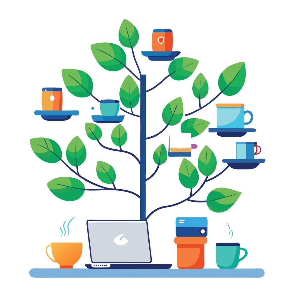 Productive tree design displaying stylized leaves in the form of small office desks and laptops for a concept of work and efficiency vector