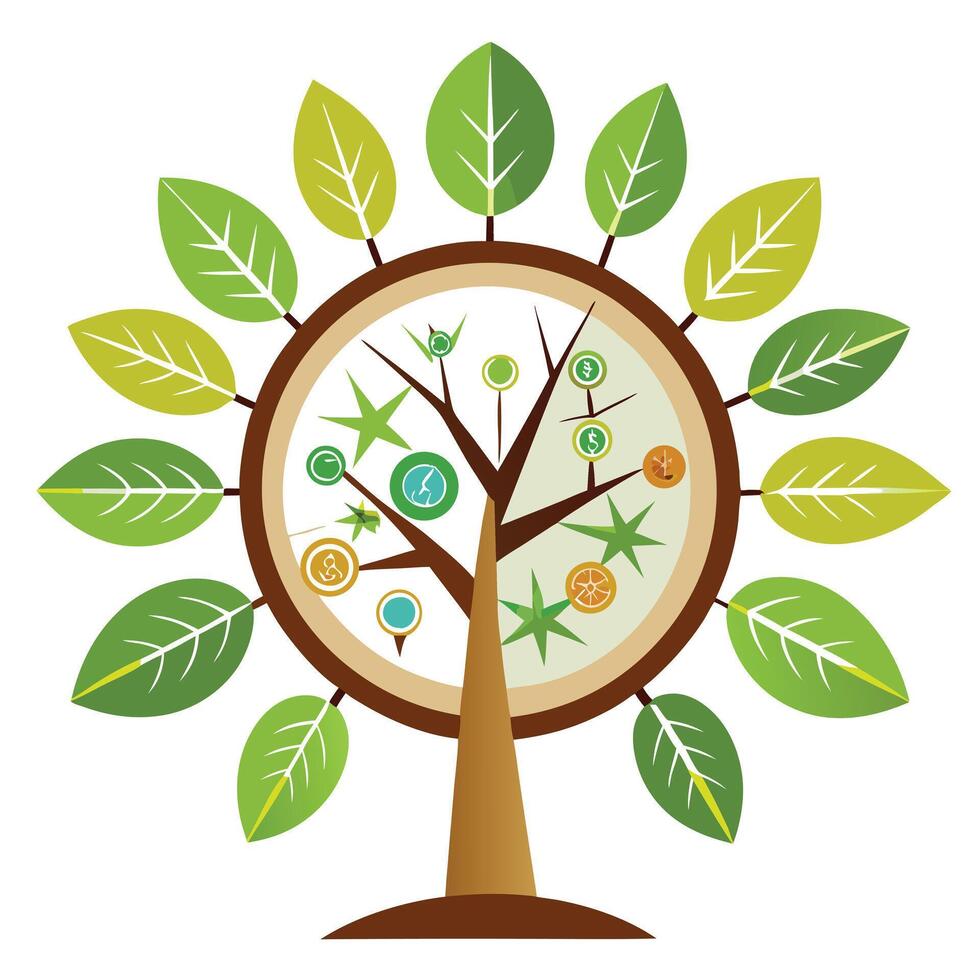 Exploration tree artwork showcasing creatively designed leaves resembling antique compasses and old maps for a journey concept vector