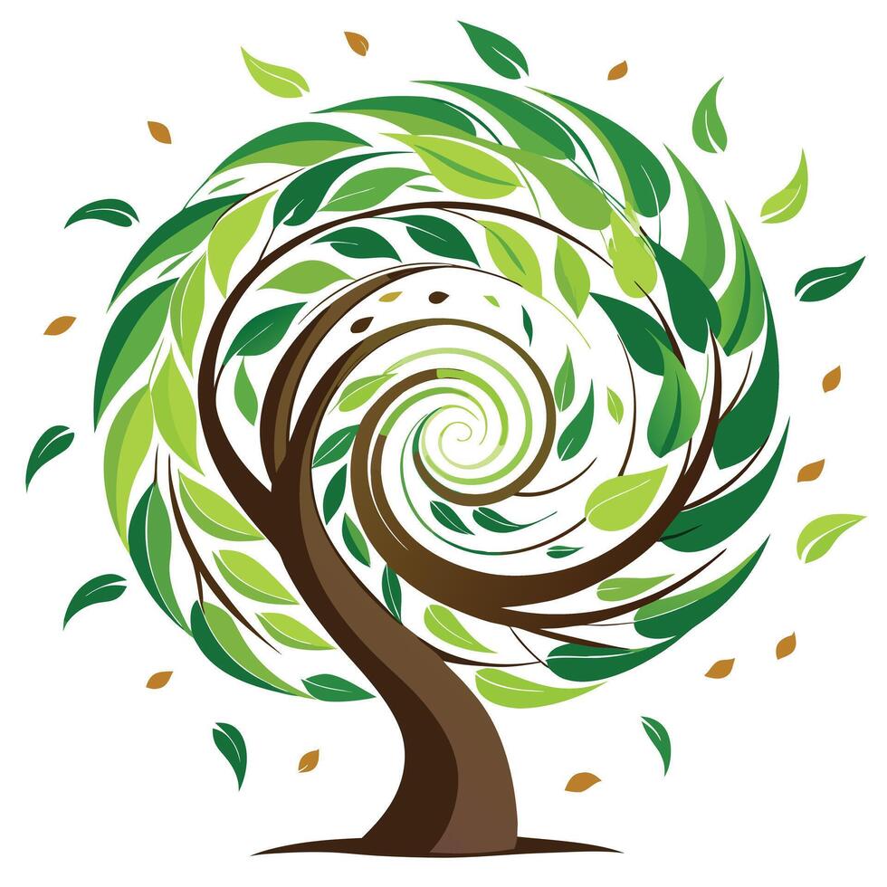 Hypnotic tree artwork showcasing a stylized vortex forming the canopy with a captivating and swirling motion vector