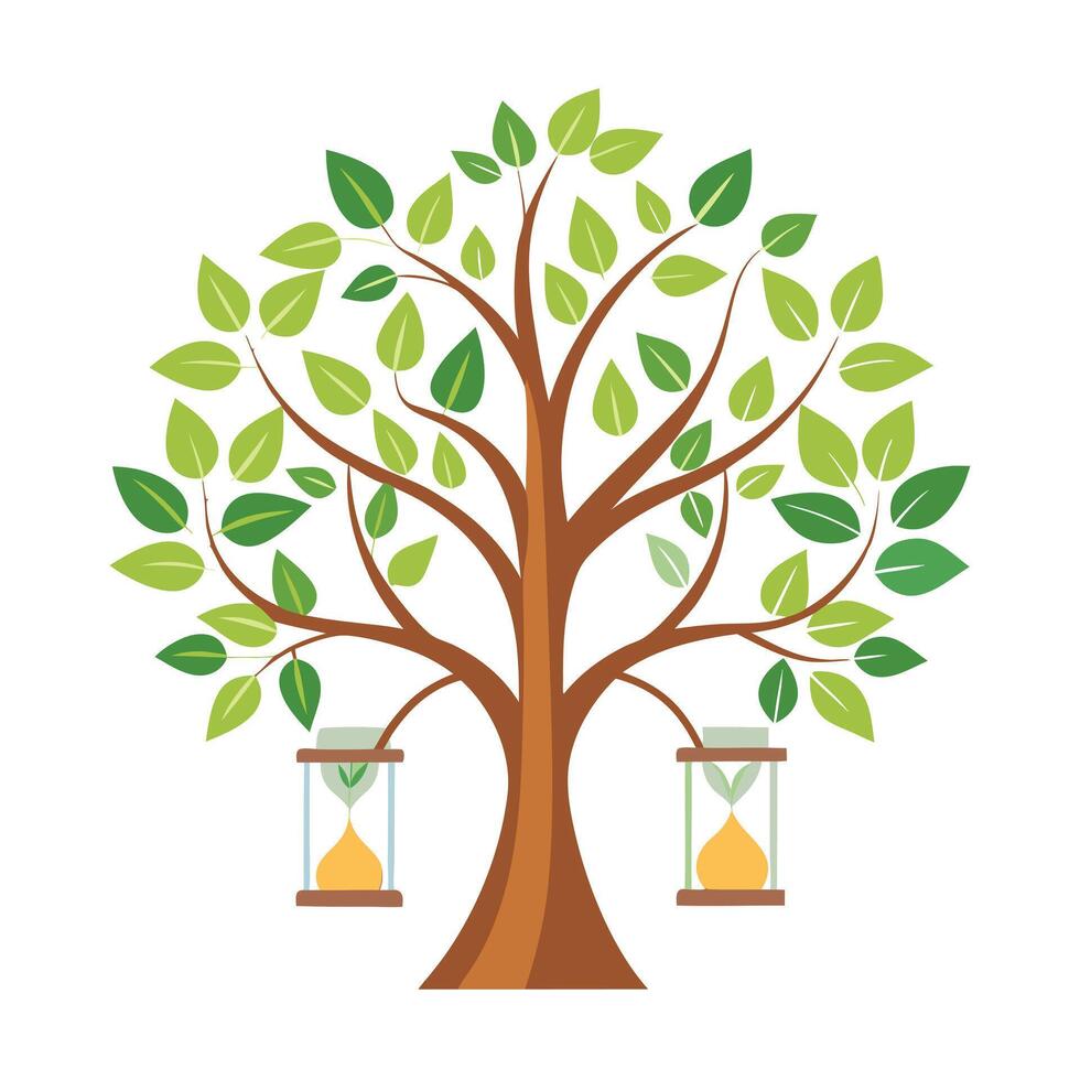 Conceptual tree design displaying stylized leaves in the form of watches and hourglasses for a representation of time management vector