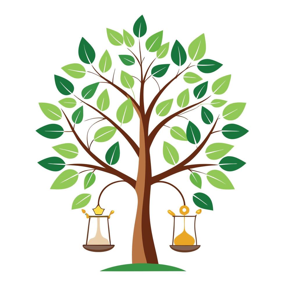 Timeless tree design featuring stylized leaves shaped like watches and hourglasses representing the passage of time vector
