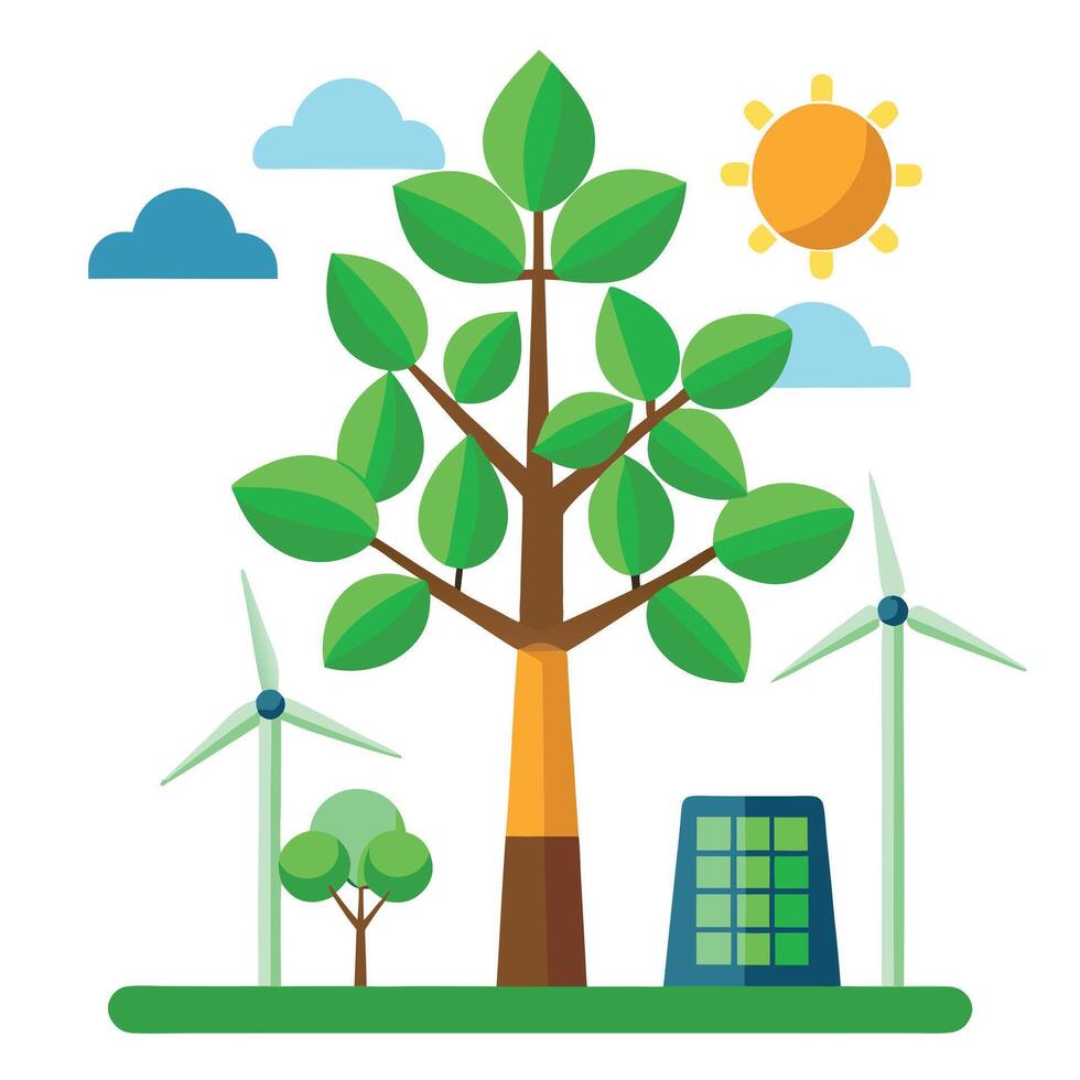 Eco-Friendly Tree Wind Turbine and Solar Panel Foliage vector