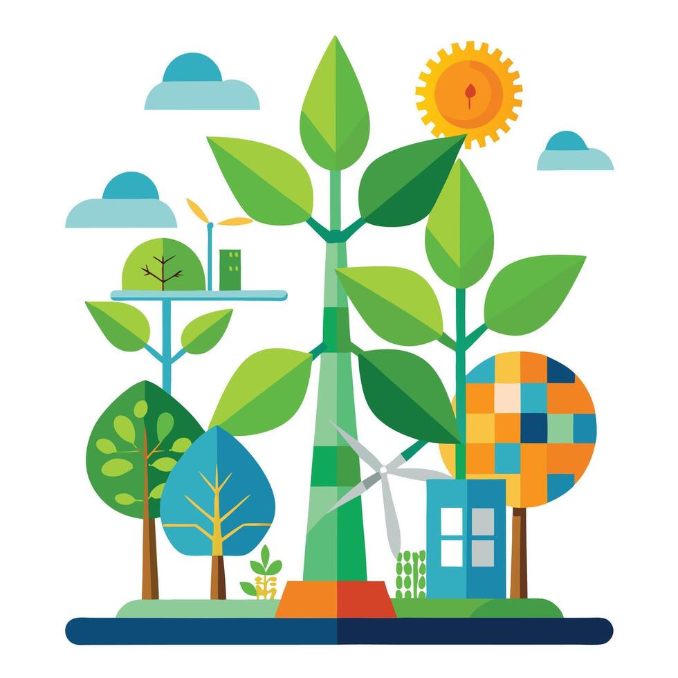 Green tree design displaying stylized leaves in the form of windmills and renewable energy signs for an ecological awareness concept vector