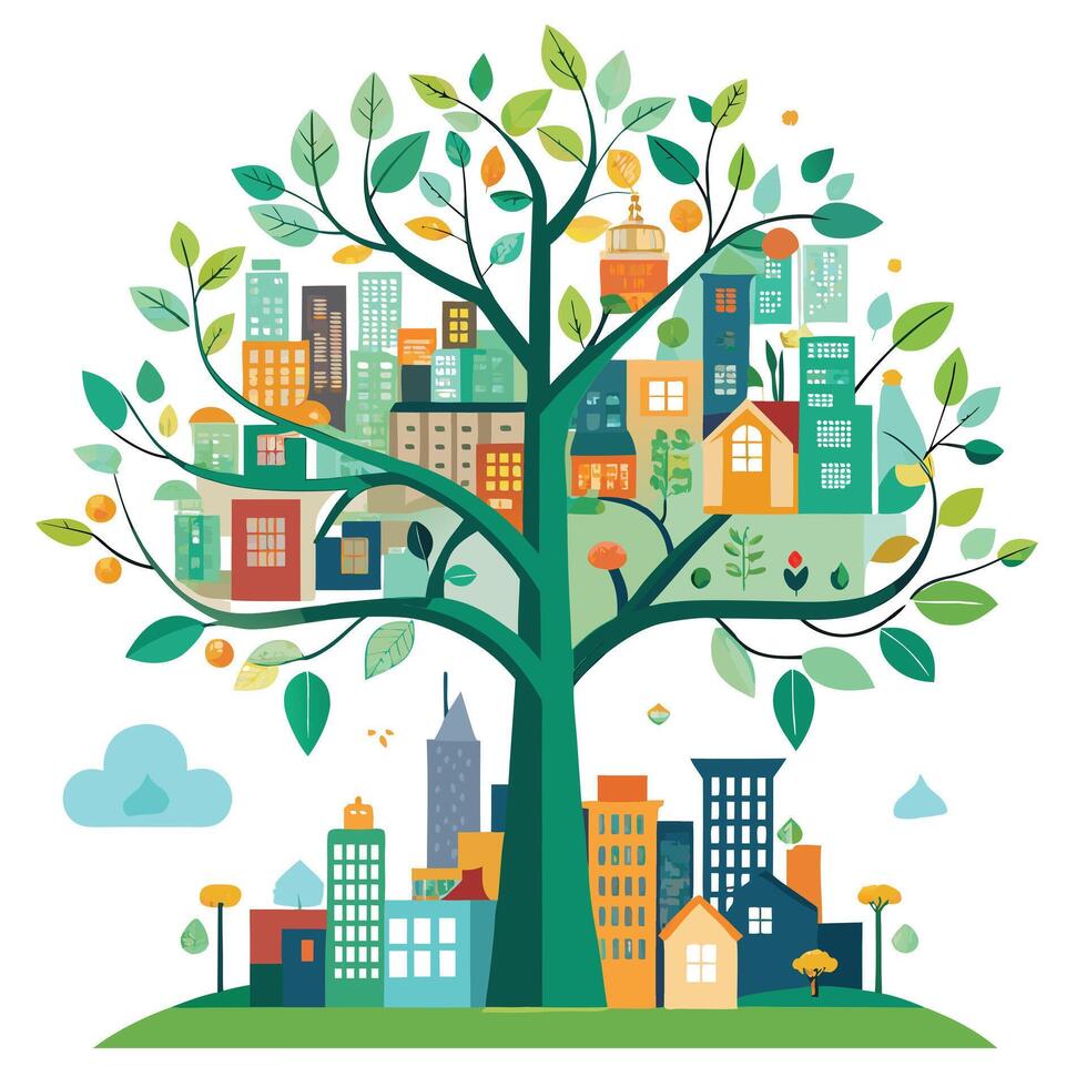 Designed Tree Flat Urban Tree with Buildings vector