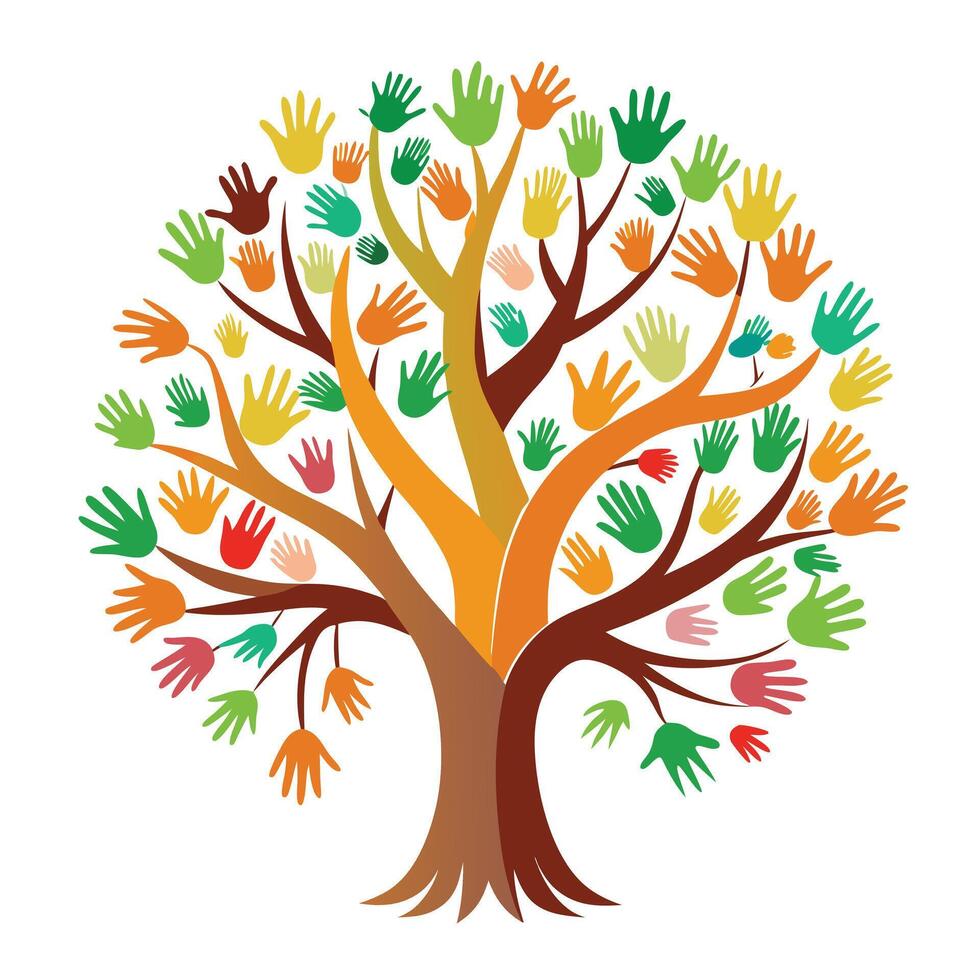 Conceptual tree design in the shape of a human hand symbolizing nature and growth vector