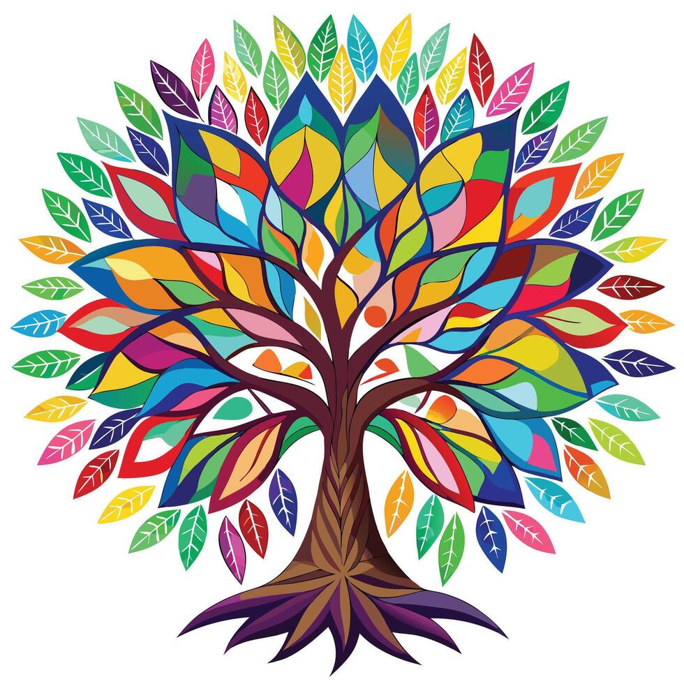 Creative tree graphic with a kaleidoscope-inspired design showcasing intricate and colorful symmetry vector