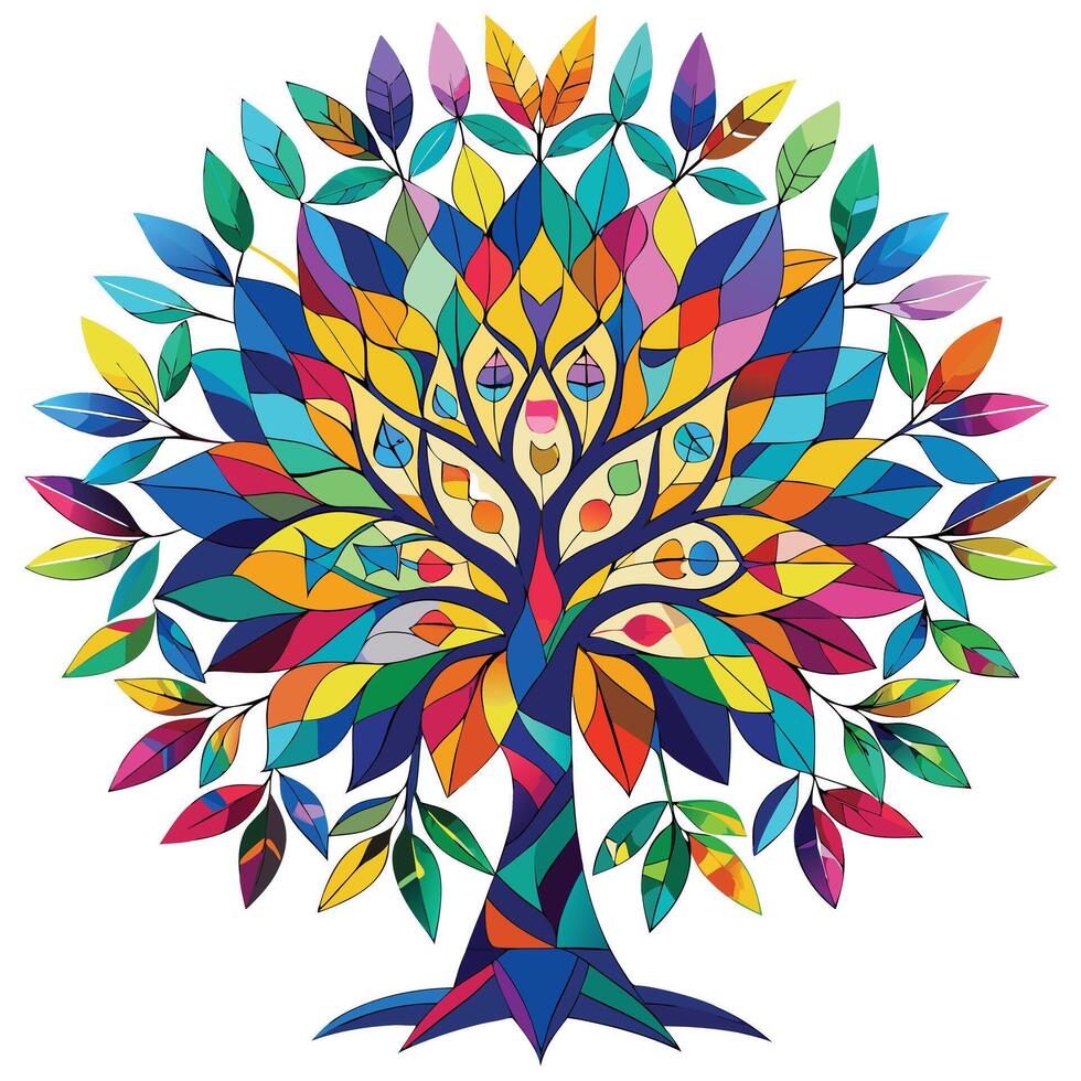 Vibrant tree illustration with a kaleidoscope pattern of colorful geometric shapes vector