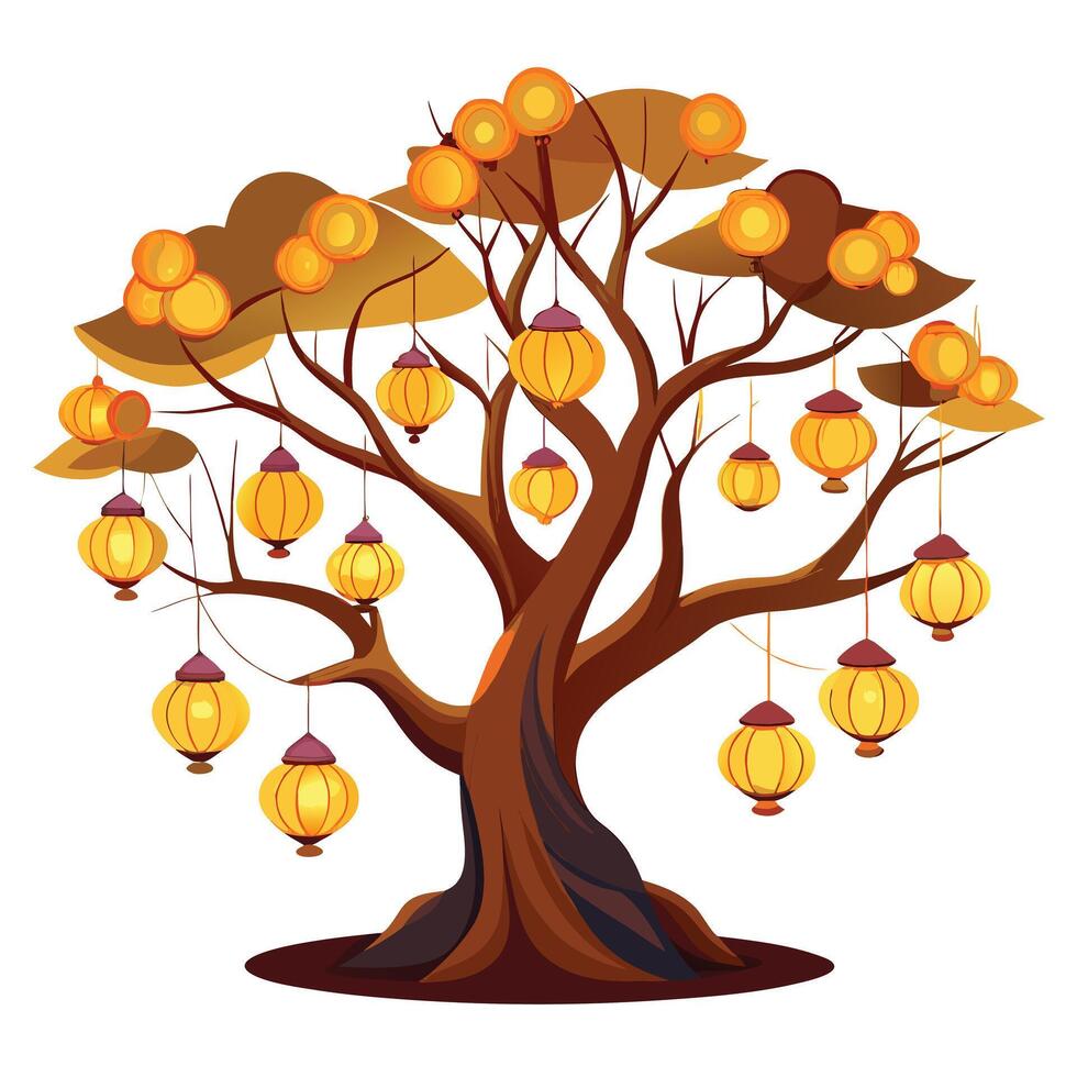 Dreamy tree graphic with softly lit lanterns hanging from its branches in a peaceful evening scene vector