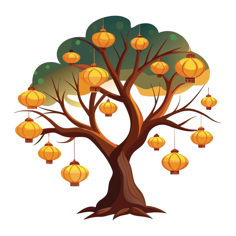 Magical tree artwork with warm glowing lanterns adorning its branches in a serene nighttime setting vector
