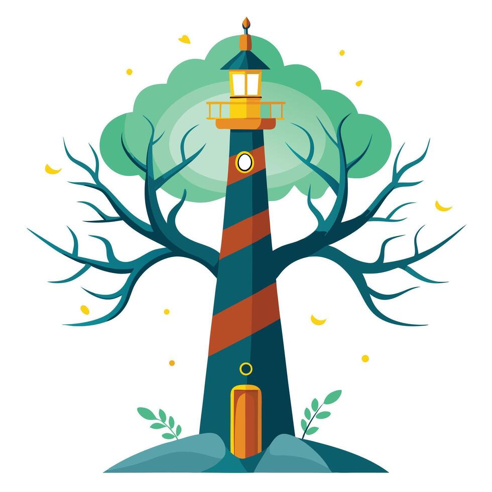 Whimsical tree design featuring a lighthouse as its central trunk radiating a bright beam vector