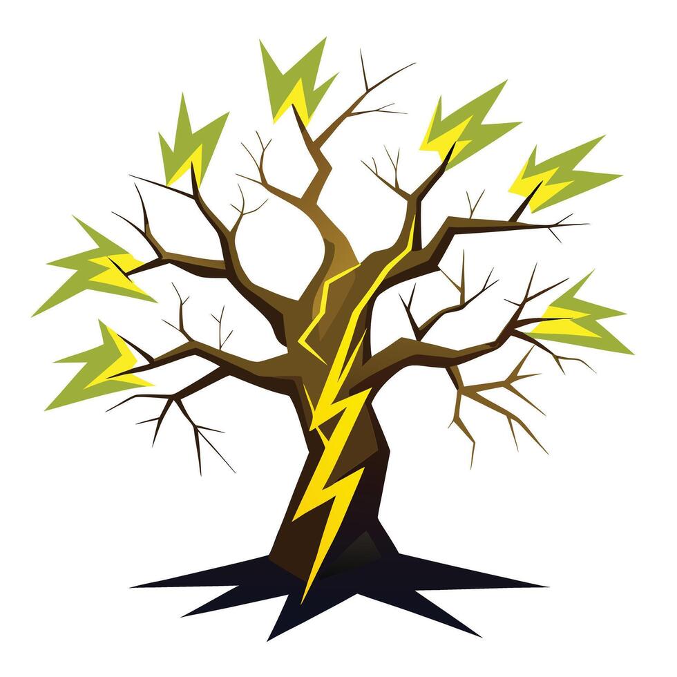 Striking tree artwork with a lightning bolt passing through its branches in a stormy night vector