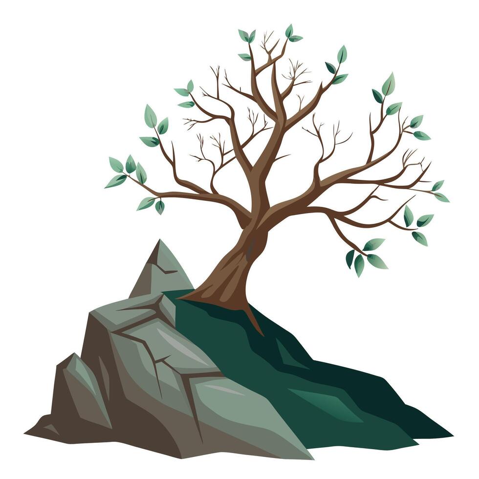 Serene tree design featuring a solitary tree on a high mountain ridge against a cloudy sky vector