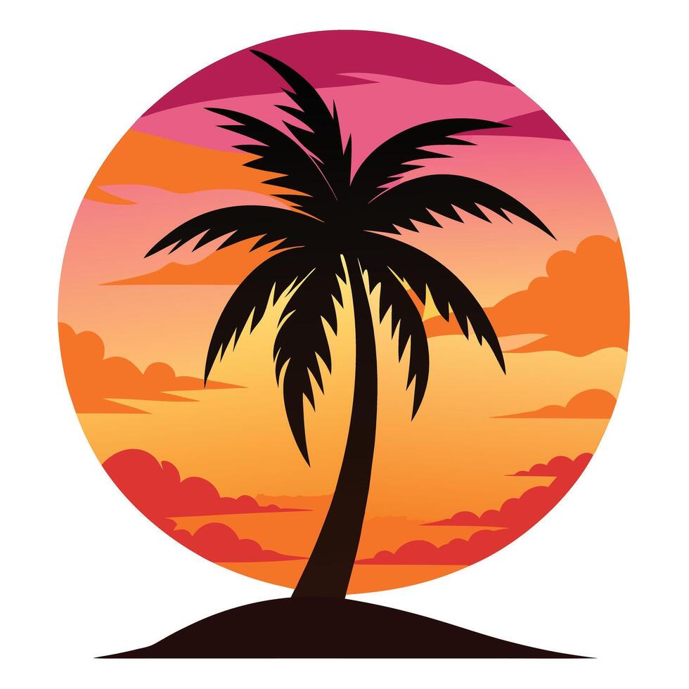 Vibrant palm tree silhouette against a breathtaking sunset sky design vector