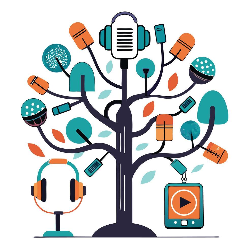 Engaging podcast tree illustration for online audio and media platforms vector