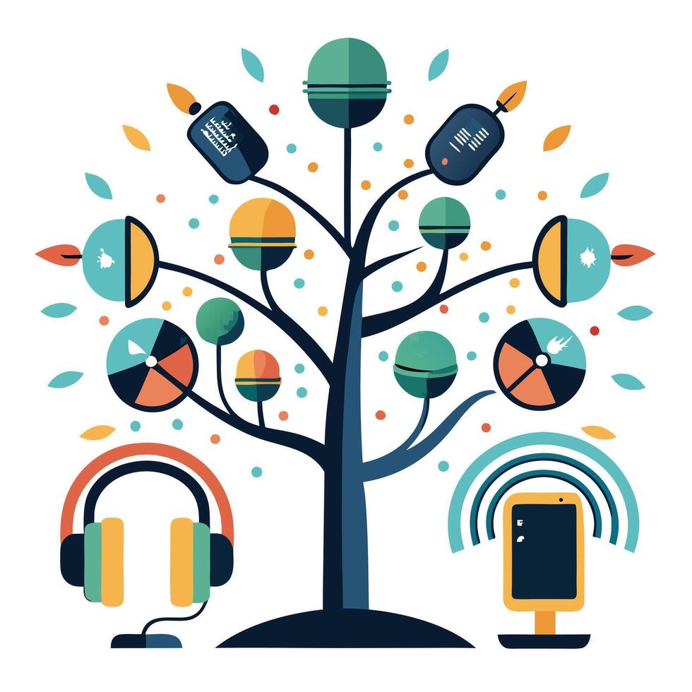 Artistic podcast tree concept with symbols of media and broadcasting vector