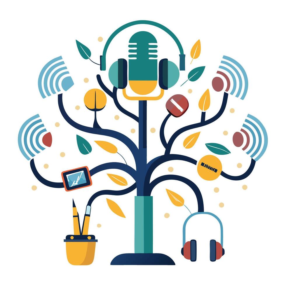 Modern design of a media tree representing the world of podcasting vector
