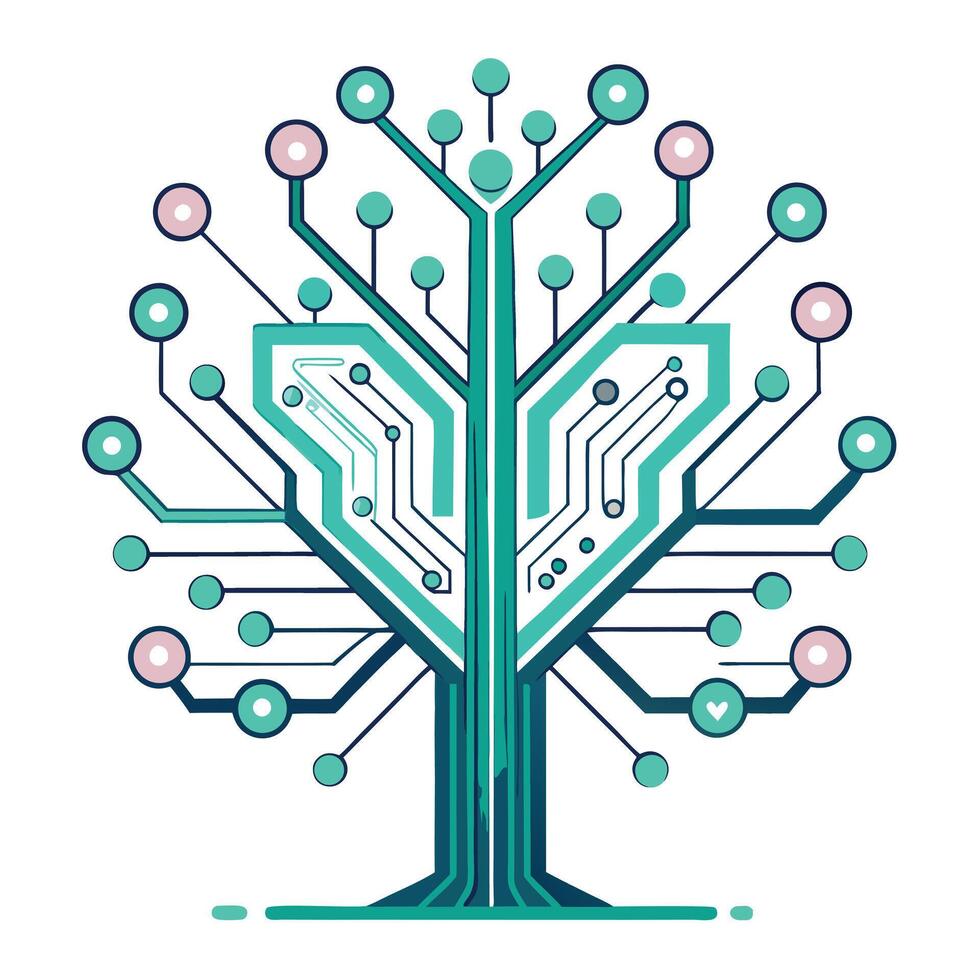 Unique quantum computing tree illustration with a complex network structure vector