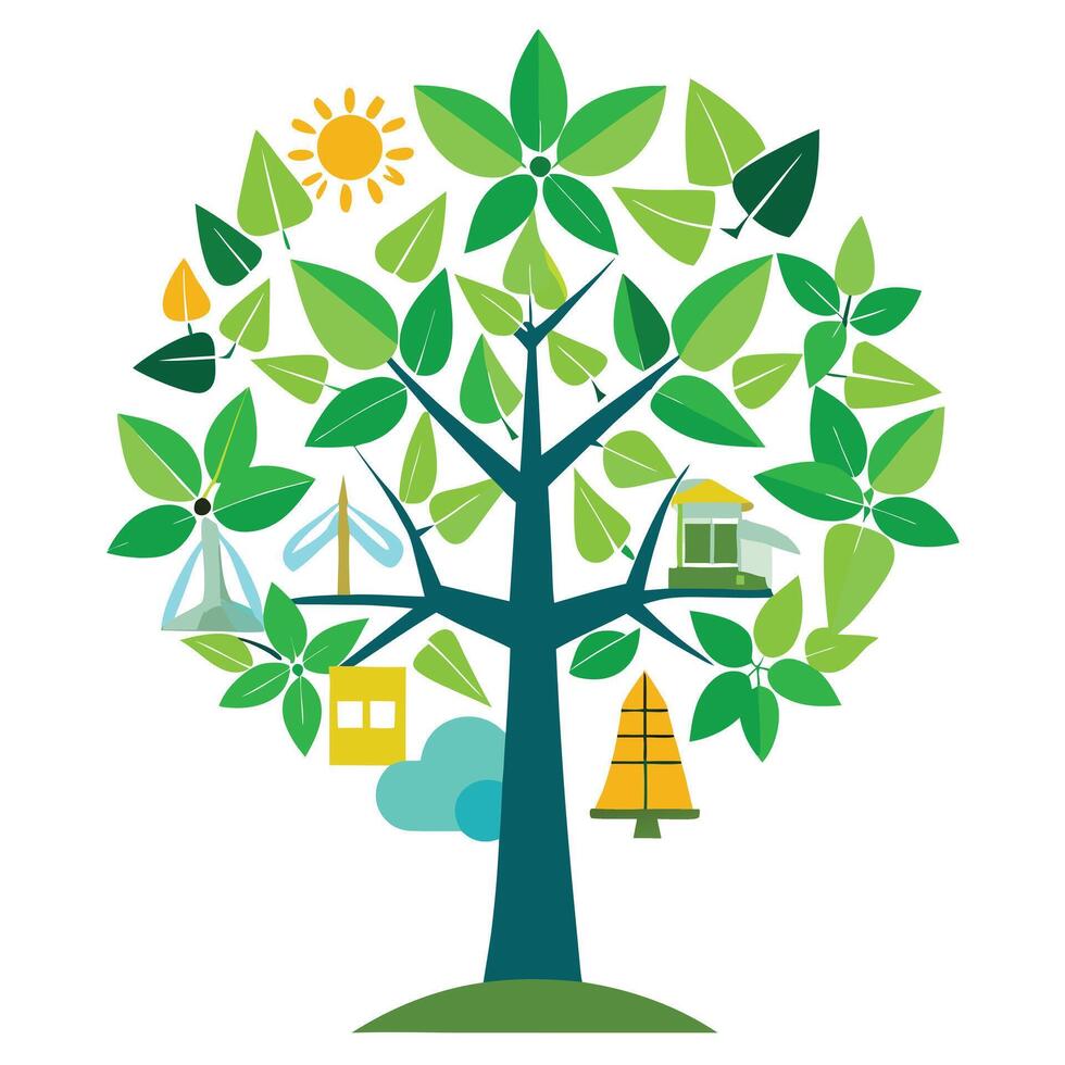 Unique design of a tree representing various renewable energy sources vector