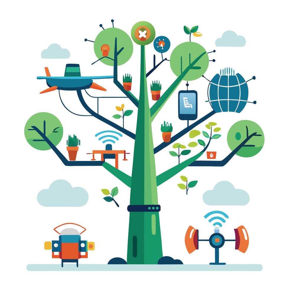 Innovative smart agriculture tree concept with technology integration vector