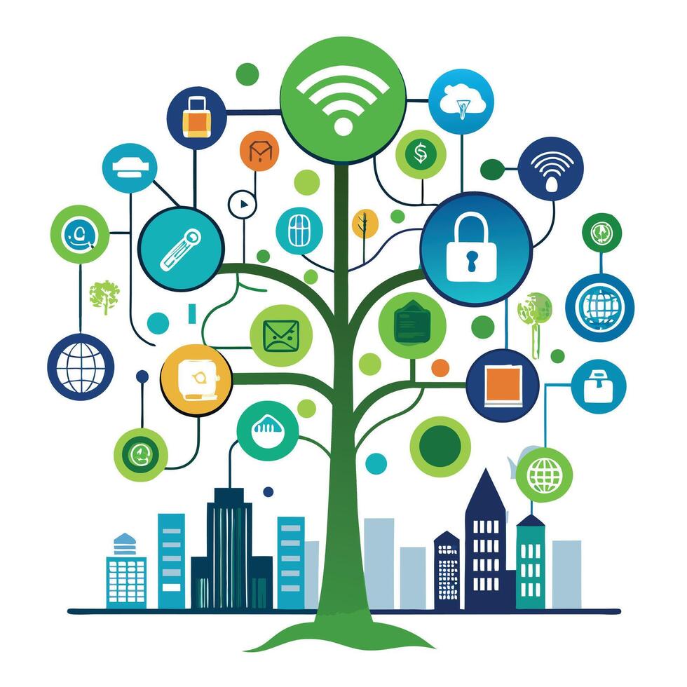 Intelligent smart city tree design representing urban sustainability and technology integration vector