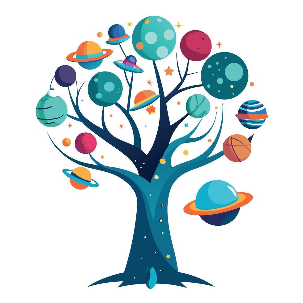 Surreal space exploration tree illustration with imaginative galactic concepts vector