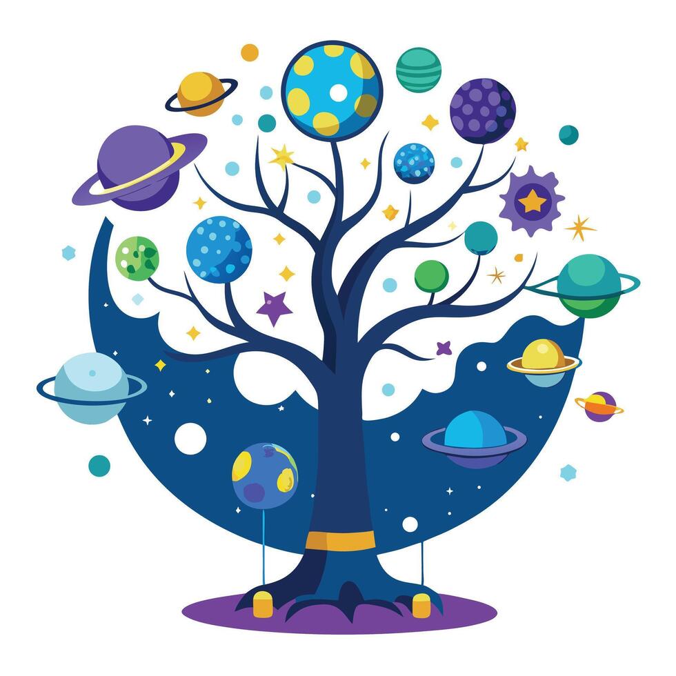 Creative space exploration tree artwork blending nature with cosmic elements vector