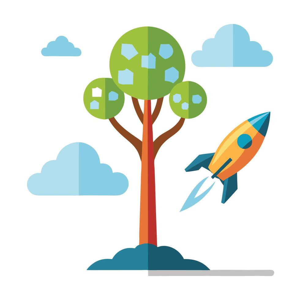 Creative startup rocket tree illustration representing innovation and business success vector