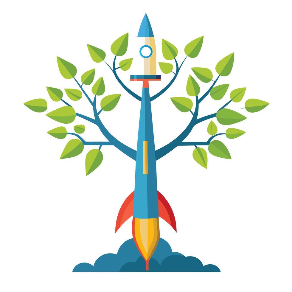 Dynamic startup rocket tree artwork symbolizing rapid growth and new ventures vector