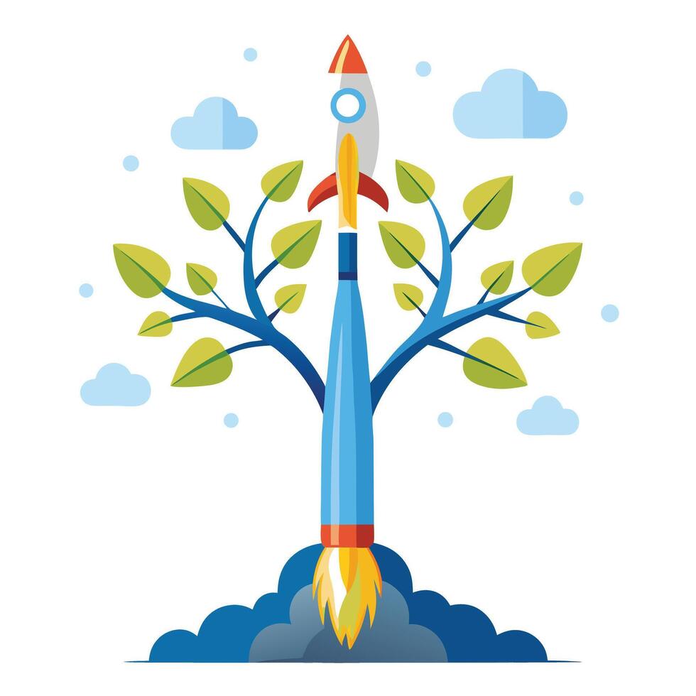Inspiring startup rocket tree graphic for entrepreneurial spirit and progress vector