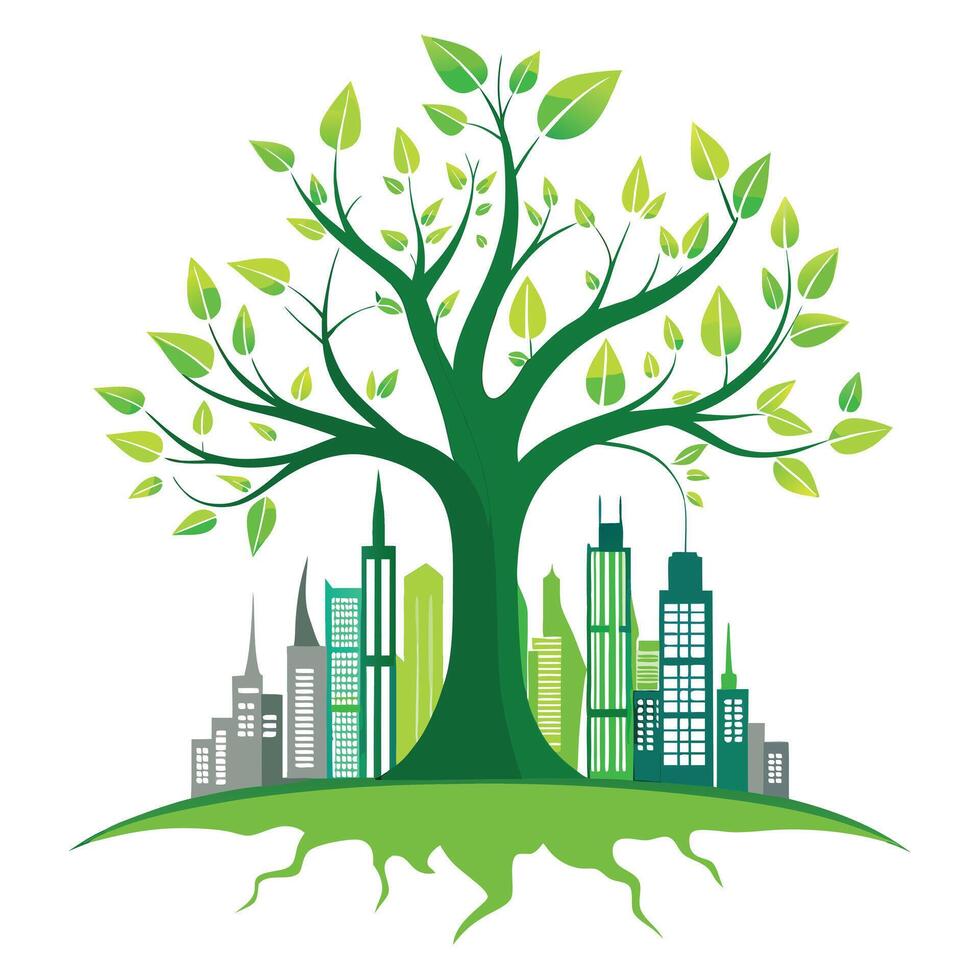 Modern sustainable city skyline tree graphic representing green and efficient urban spaces vector