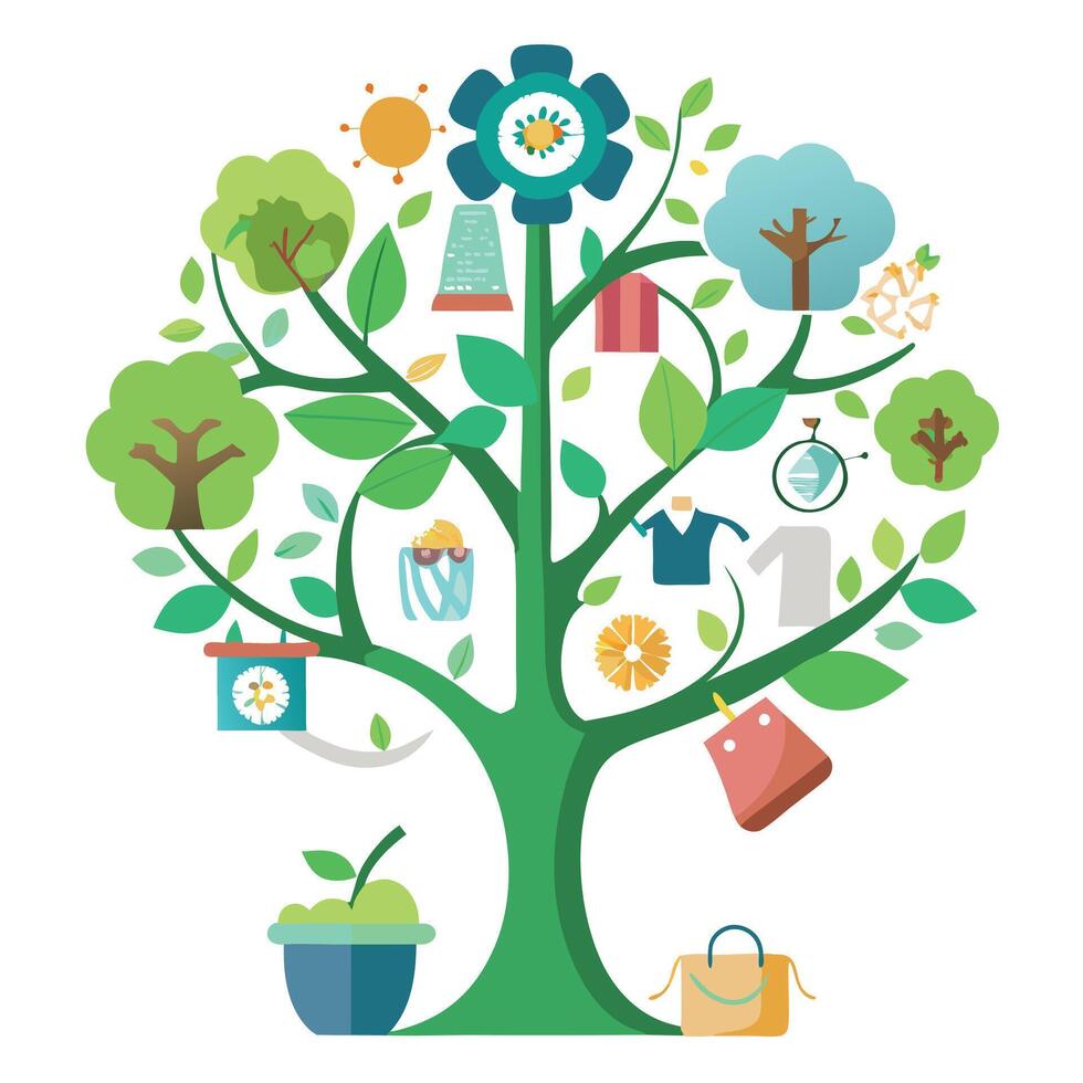 Modern sustainable fashion tree graphic representing conscious and green apparel choices vector
