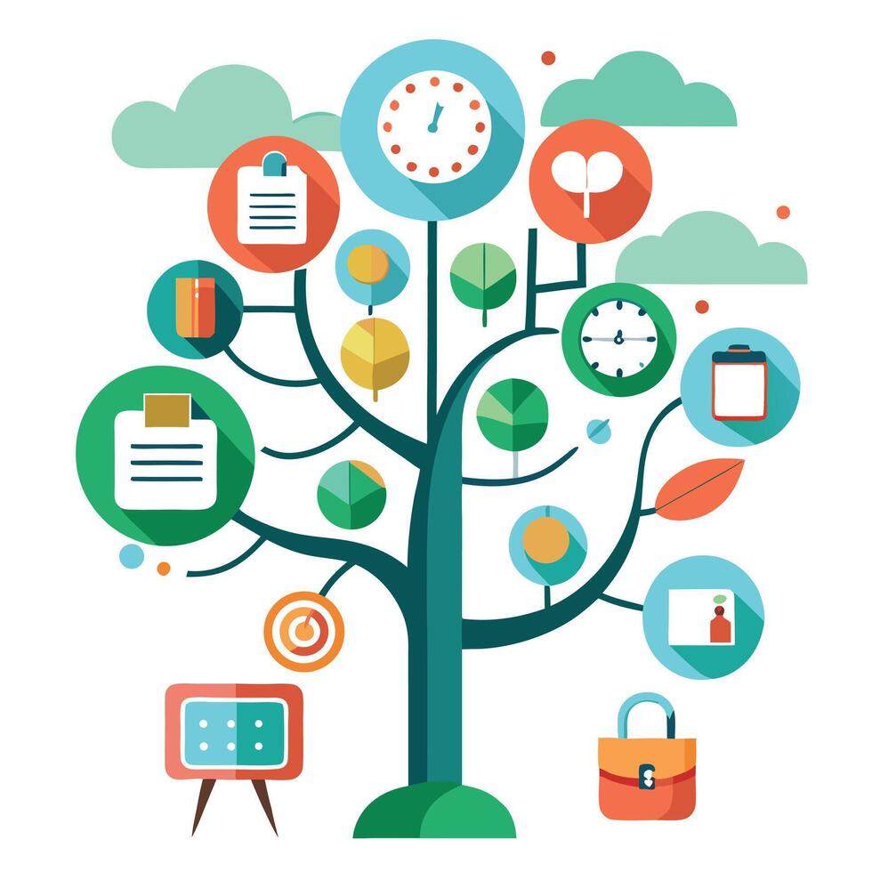Creative time management productivity tree graphic symbolizing efficient workflow vector