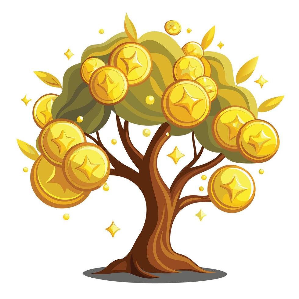 Magical treasure tree illustration with sparkling gems and golden coins vector