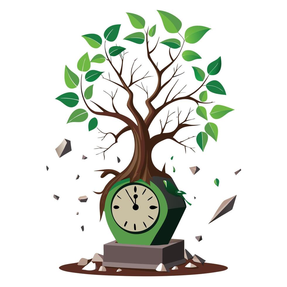 Artistic tree growing from a broken clock artwork depicting the flow of time vector