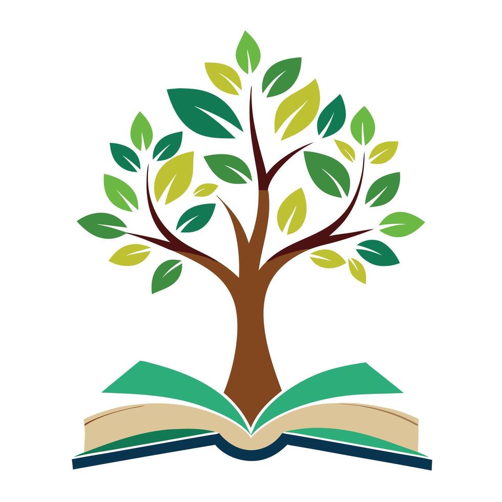 Conceptual tree growing from an open book symbolizing knowledge and learning vector