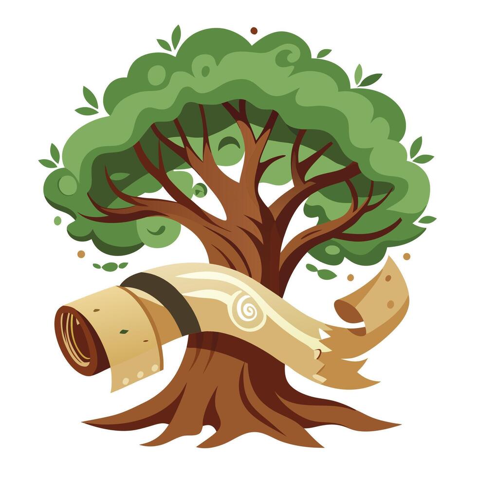 Artistic representation of a tree composed of rolled paper and aged textures vector