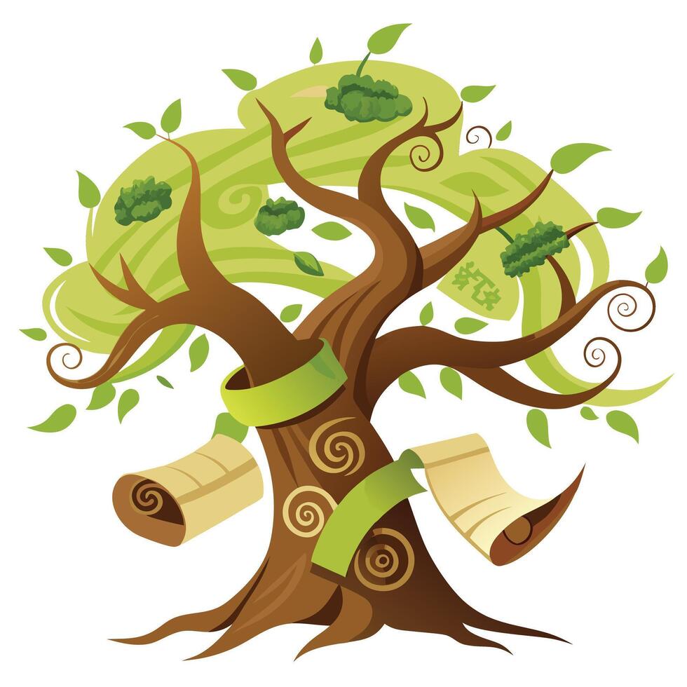 Intriguing tree artwork constructed from antique paper scrolls and flowing lines vector