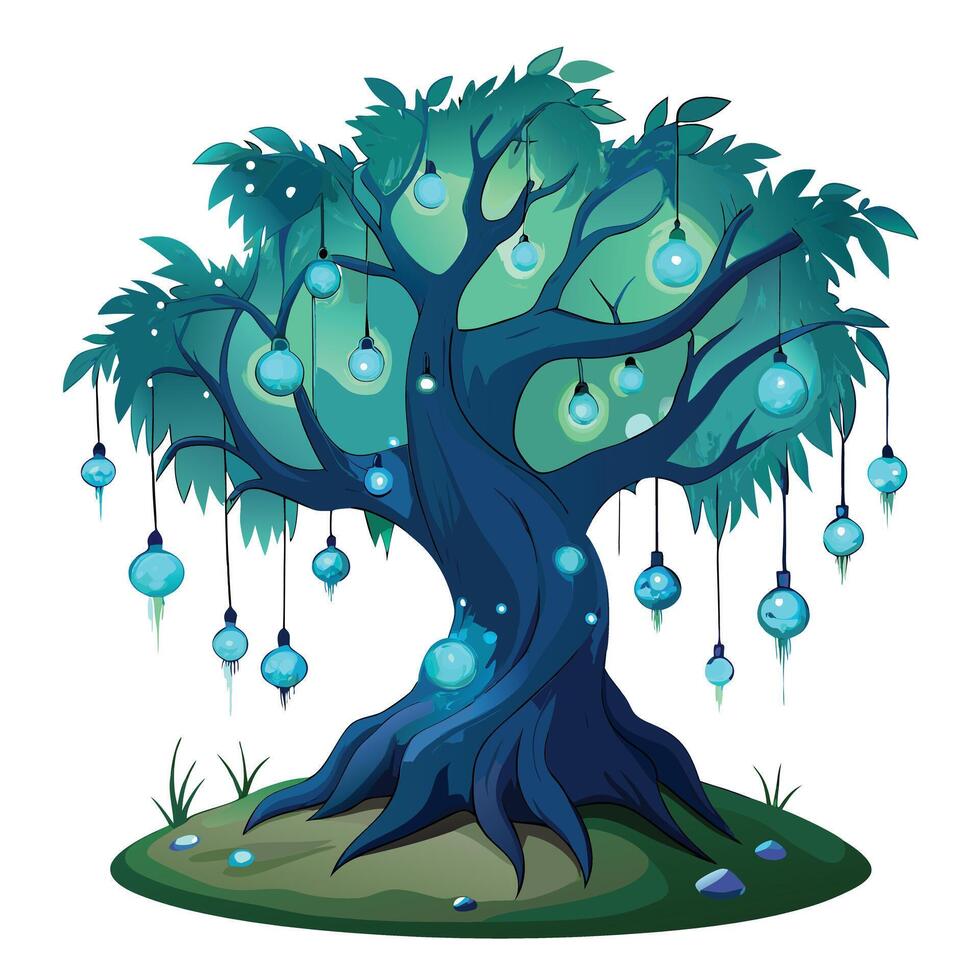 Artistic depiction of a tree with vibrant bioluminescent vines illuminating the darkness vector