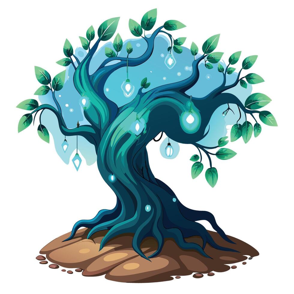 Creative illustration of a tree with glowing vines emitting soft light vector