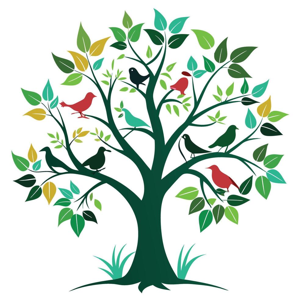 Elegant design of a tree with graceful birds sitting on its branches vector