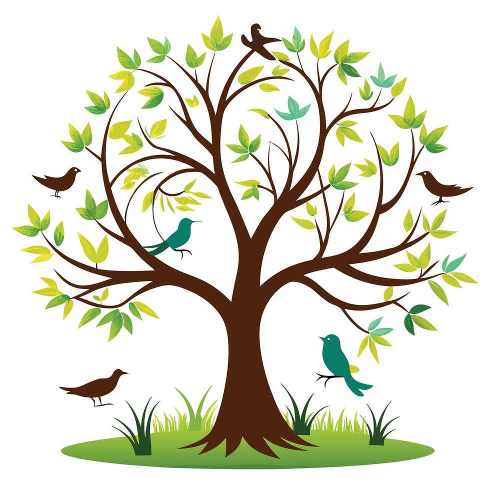 Beautiful tree with colorful birds perched on its delicate branches vector