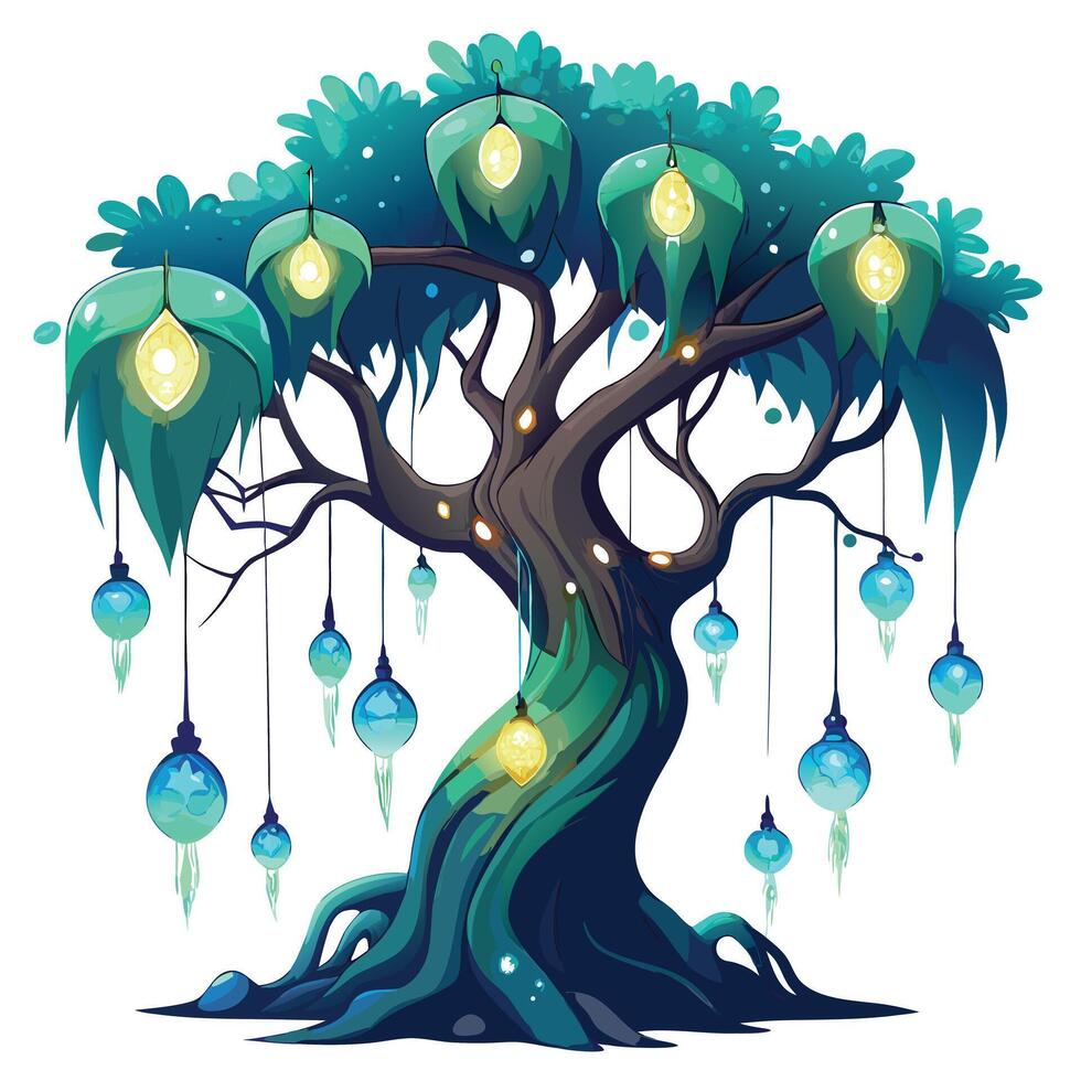 Mystical tree adorned with glowing bioluminescent vines in the night vector
