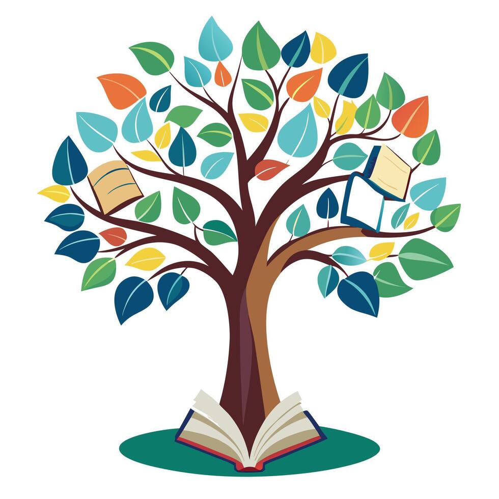 Artistic depiction of a tree with pages of books as its whimsical leaves vector