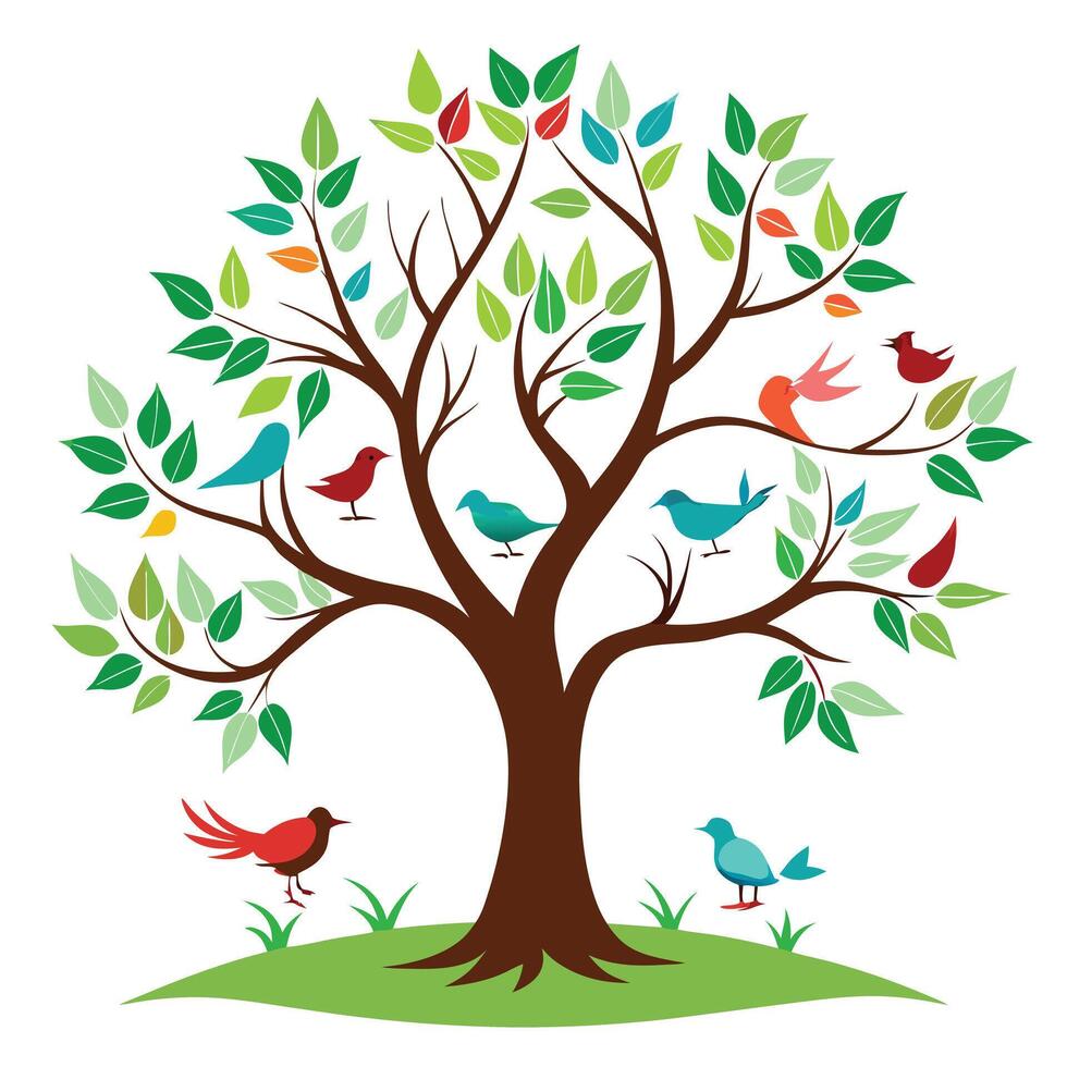 Charming illustration of a tree with various birds resting on its limbs vector