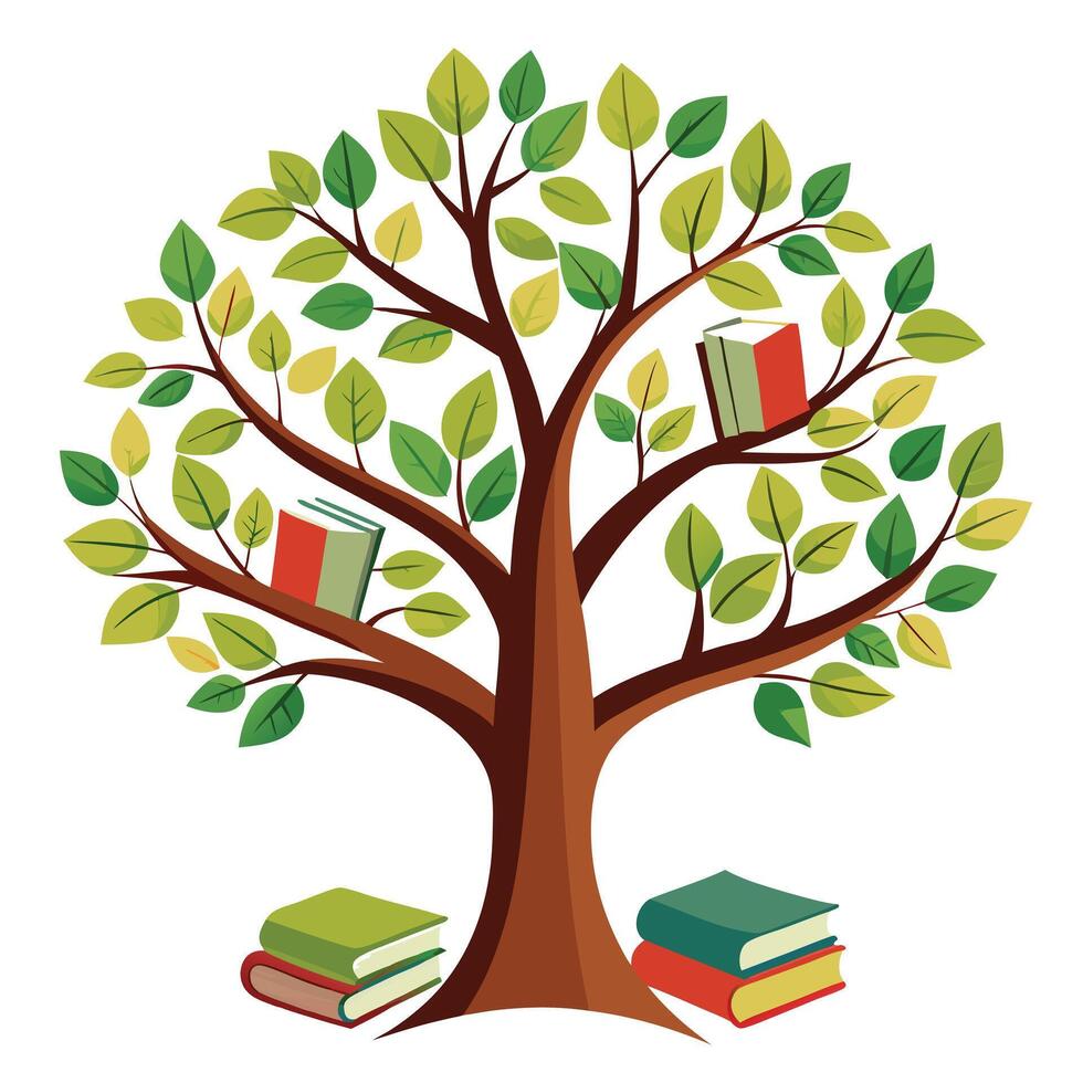 Imaginative tree with books instead of leaves symbolizing knowledge growth vector