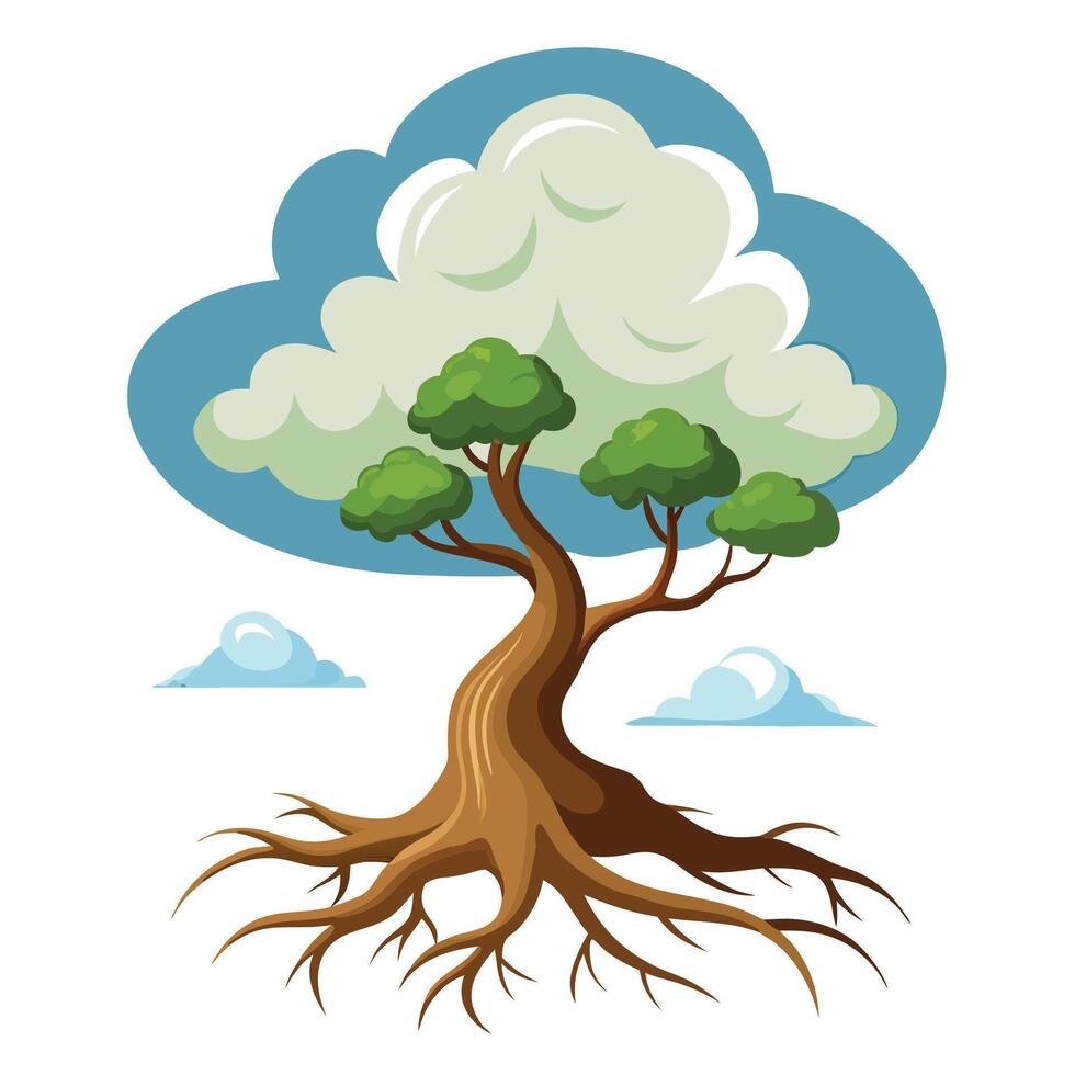 Creative illustration of a tree with its roots transforming into clouds vector