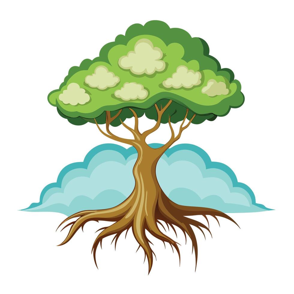 Unique design of a tree with cloud like roots floating in the atmosphere vector