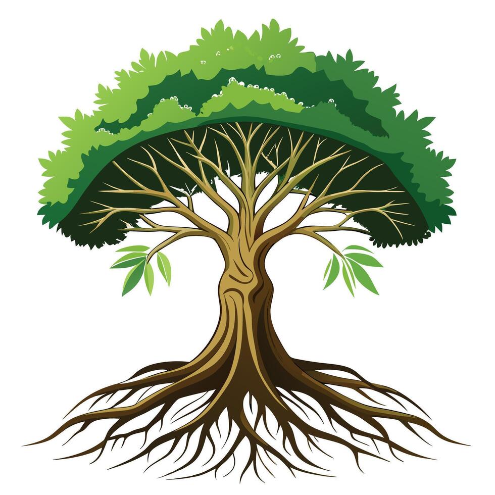 Artistic depiction of a tree with its roots reaching out from the earth vector